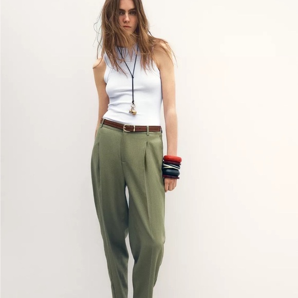 Olive Green Zara straight leg pants with belt - Picture 1 of 5